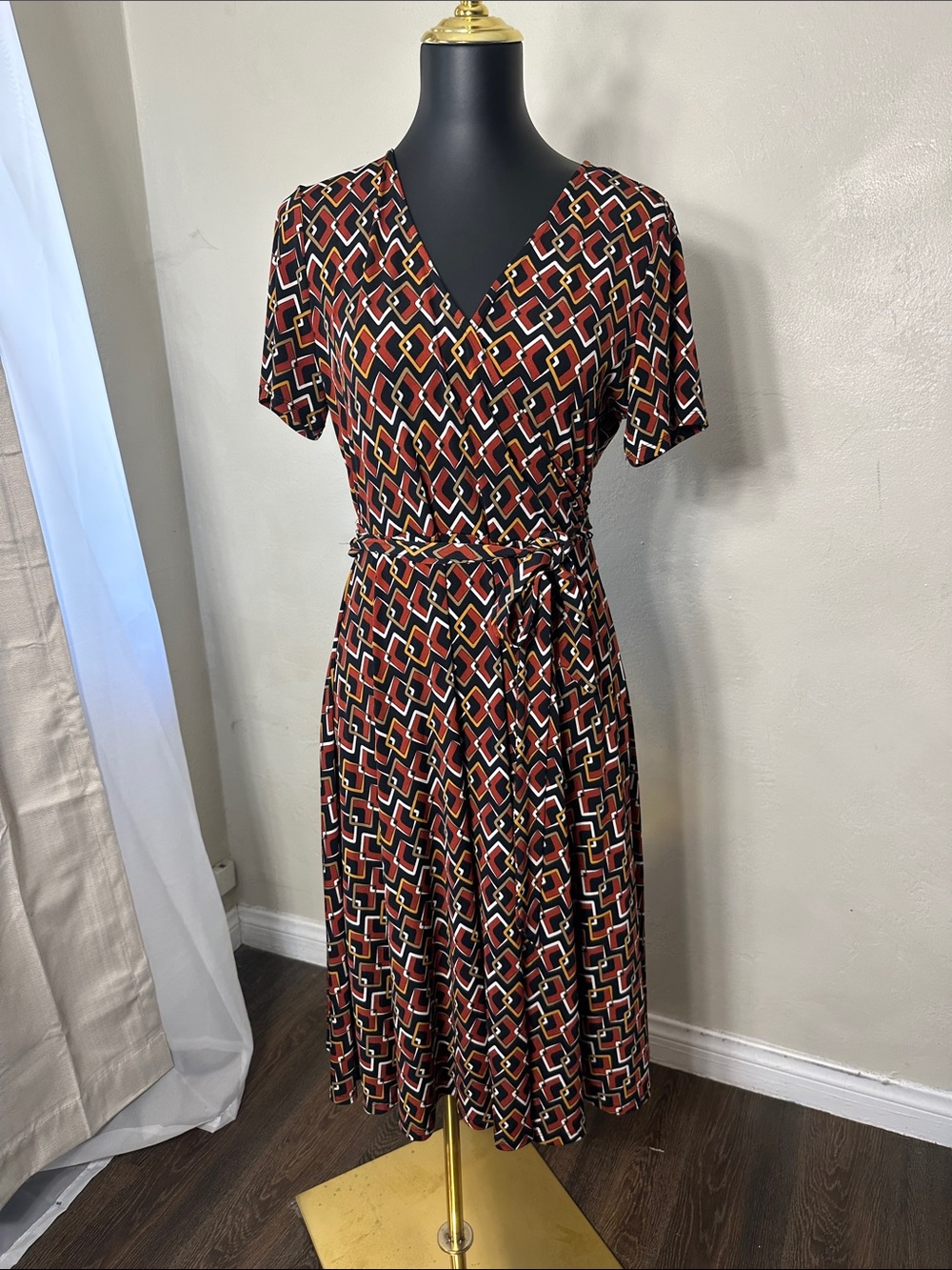 R&K burnt orange , Black and white Geometric Wrap-Style Midi Dress